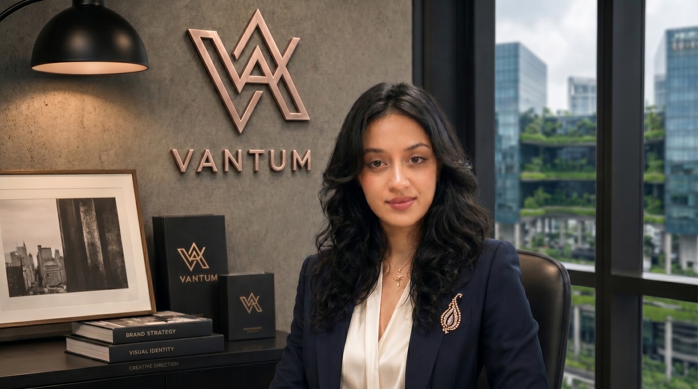 Leyli Gurbanova, Founder & Director of VANTUM, in the studio beneath the rose-gold VANTUM wall branding