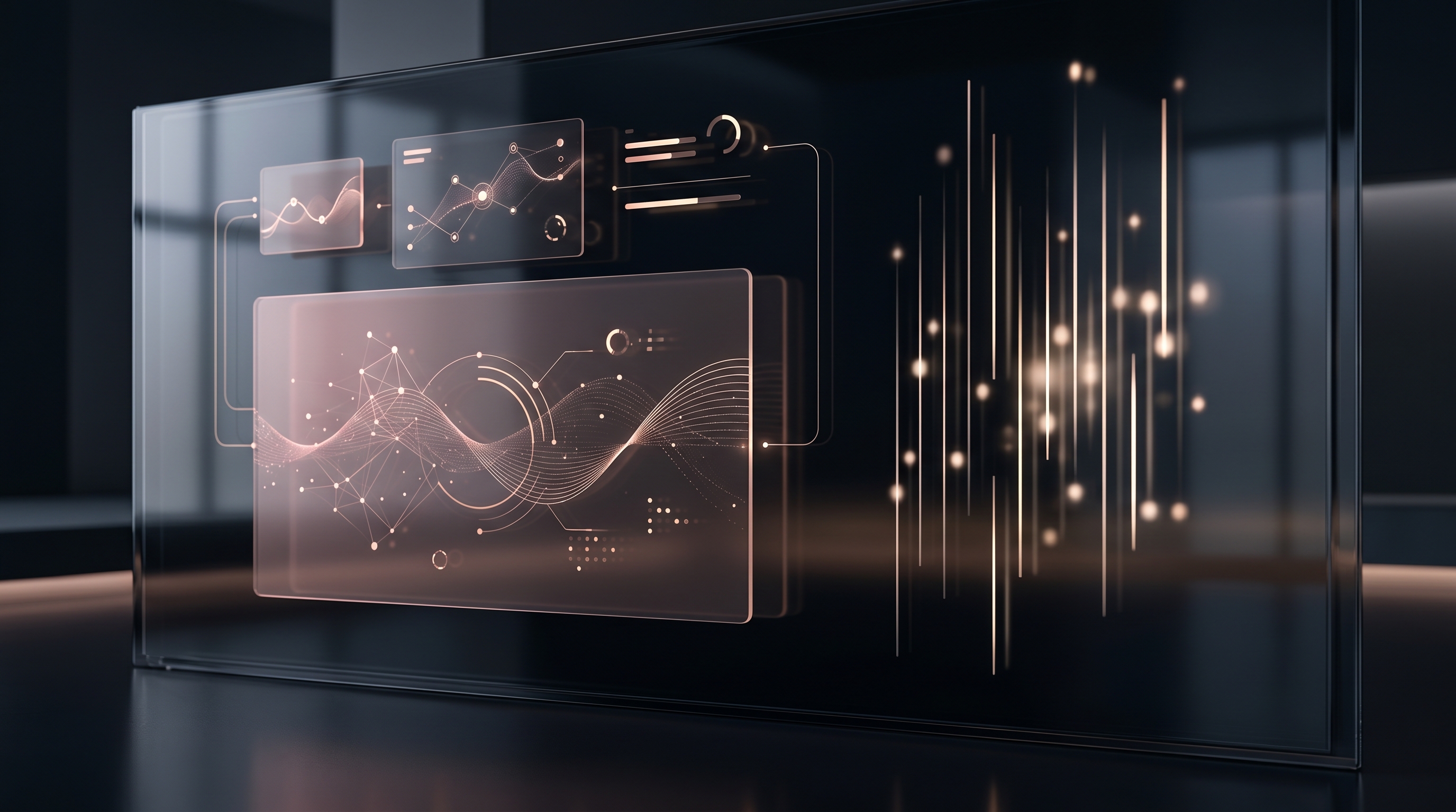 VANTUM control plane — translucent glass dashboard with champagne-rose data telemetry