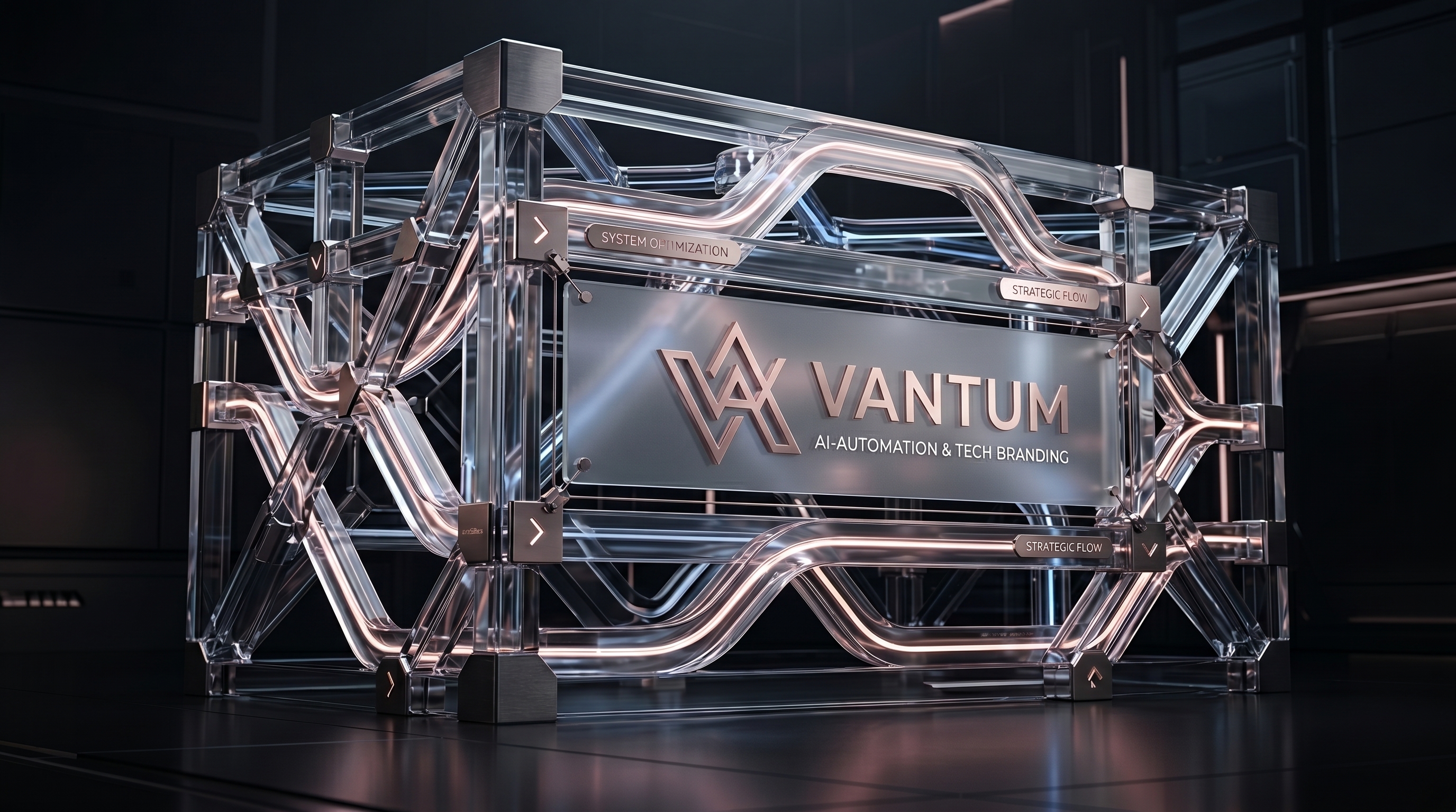 VANTUM glass nameplate sculpture — AI-Automation & Tech Branding