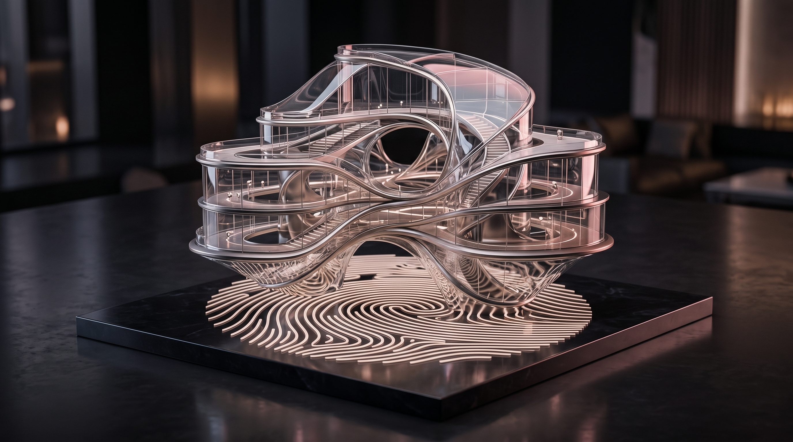 VANTUM — fluid glass architecture on a glowing fingerprint platform with champagne-gold structural lines